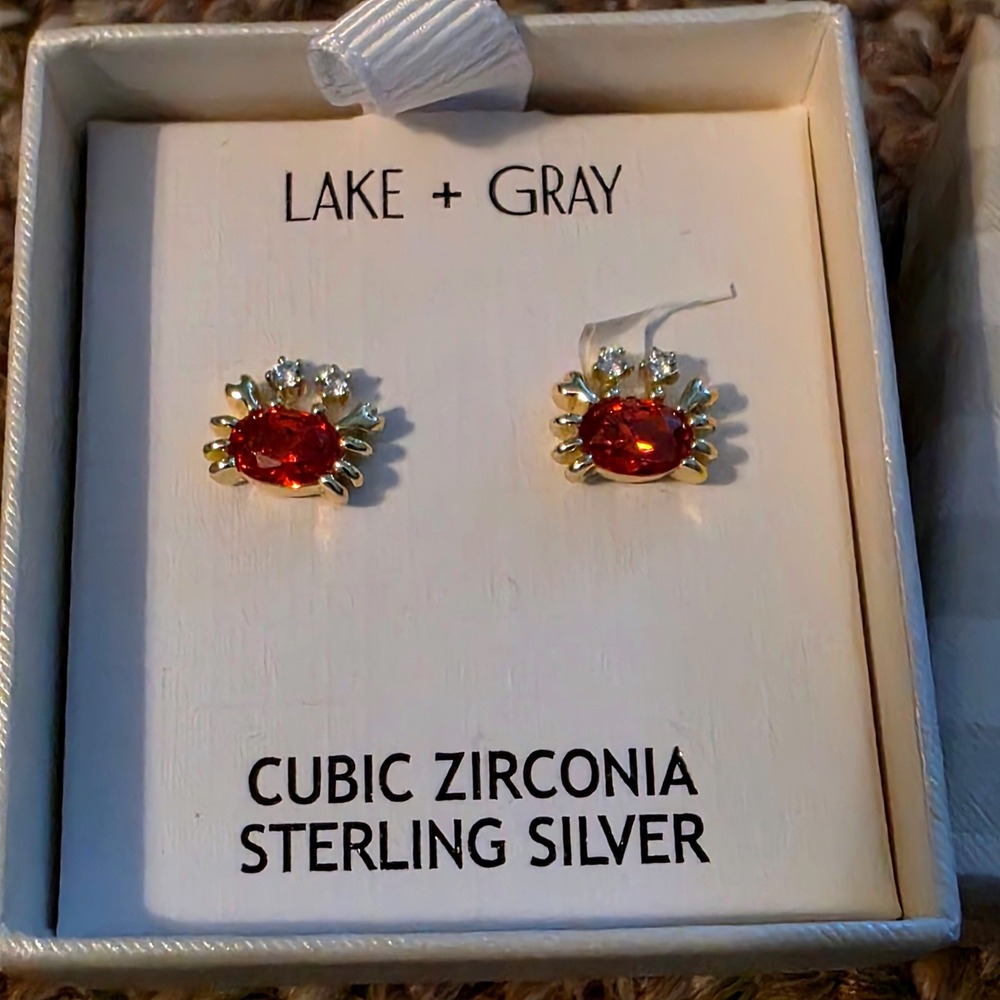 Lake + Gray Sterling Silver Red Cubic Zirconia Crab Stud Earrings Gold Tone NEW